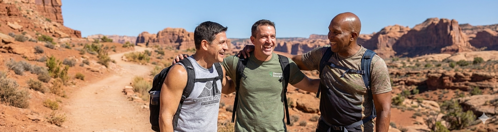 Men hiking together in brotherhood